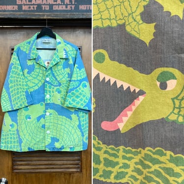 Vintage 1980’s Size XL “Michigan Rag” Alligator New Wave Hip Hop Shirt Jacket, 80’s Hawaiian Shirt, 80’s Croc, Vintage Clothing 