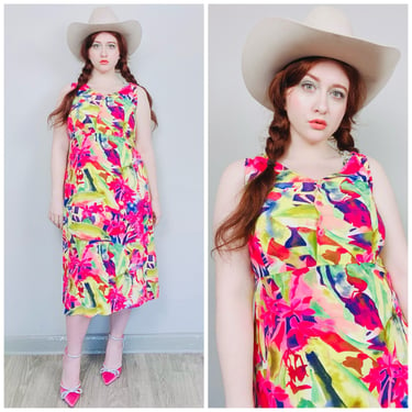 1990s Vintage Neon Jam's World Smock Dress / 90s Tropical Floral Print Colorful Tank Dres / Size Medium 