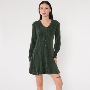 Vintage Green Button Up Dress 90s Long Sleeve Crinkle Rayon Mini Dress V Neck Grunge Aesthetic 1990s Grunge Style Small 