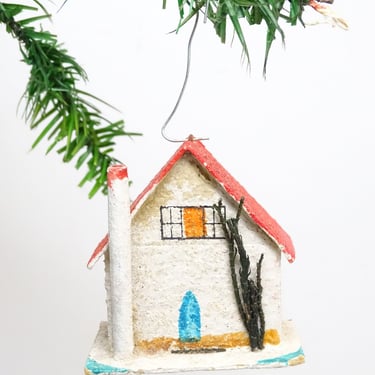 Antique 1940's Christmas Ornament, Vintage Glittered Cardboard House 