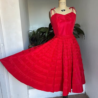 1950s Cherry Red Tie Strap Cocktail Party Dress 