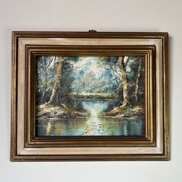 70's Joachim Impressionist River Landscape Oil on Canvas Painting, Framed 