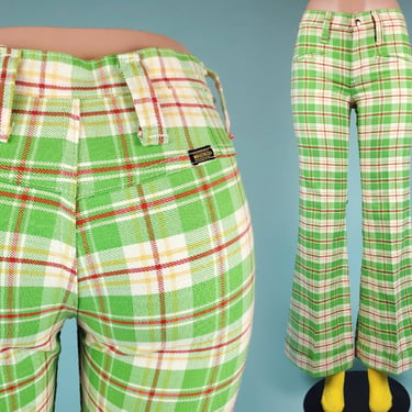 Vintage 60s/70s plaid pants by Maverick. Low rise hip huggers with cuffed wide bell bottoms. Green apple. Hot hippie mod. (Size S) 