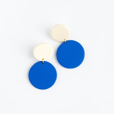 Dainty Handmade Polymer Clay Circle Earrings | PHILLIPA in almond and cobalt 