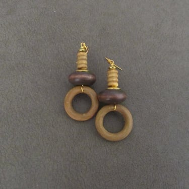 Mid century modern earrings, chunky natural wood bronze Afrocentric dangle earrings, chic earrings, African earrings, bold statement earring 