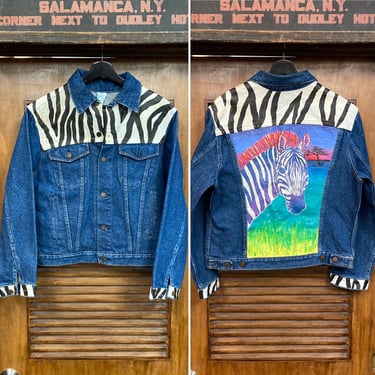 Vintage 1980’s Dated 1989 Zebra Painted Artwork Denim Trucker Jacket, New Wave, Original, 80’s Vintage Clothing 