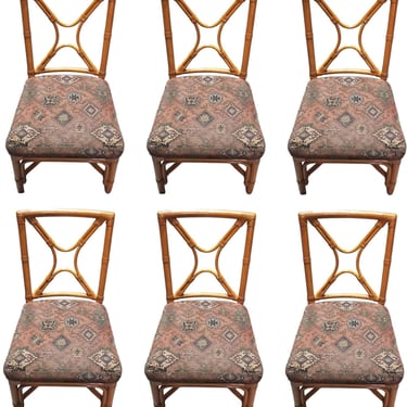 Restored Rattan set of 6 Dining Chairs Featuring X-back and Leather Wrappings. 