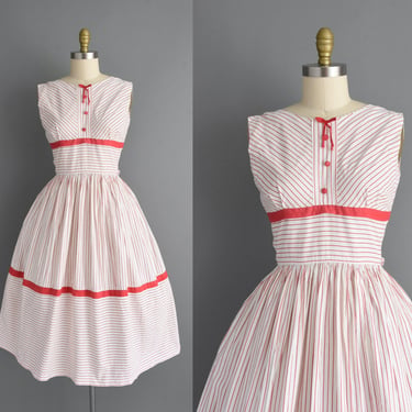 1950s vintage dress | Adorable Raspberry Red Stripe Print Cotton Sun Dress | Medium | 50s dress 