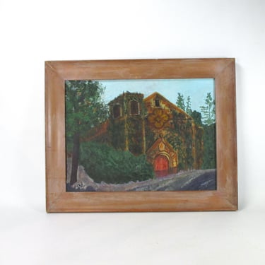 Impressionist Acrylic Painting of Spanish Mission Vintage 1970s Architectural Church Painting Wood Framed Original Signed Wall Art 