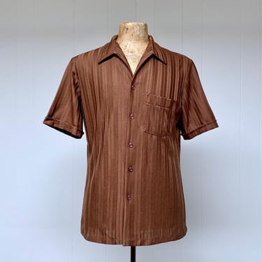 Vintage 1970s Brown Casual Shirt, 70s Short Sleeve Polyester Thick 'n' Thin, Medium 42