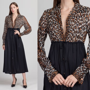 60s 70s Vanity Fair Leopard Print Loungewear Dress - Small | Vintage Long Sleeve Button Up Maxi Robe 