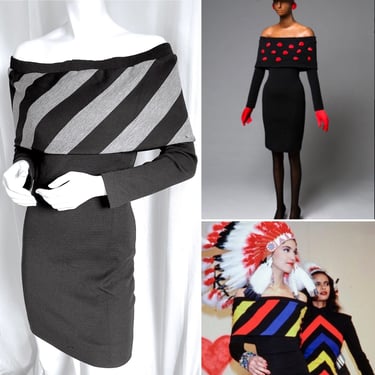 80s PATRICK KELLY Off Shoulder Black Dress, 90s Bandage Dress, Vintage Knit Bodycon, Documented Couture, African American Designer, Knit LBD 