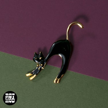 Cute Vintage Black & Gold Arched Cat Vintage Brooch Pin 