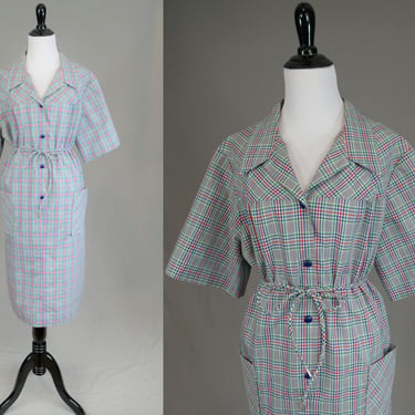 70s Plaid House Dress - White w/ Blue Red Green - Vintage 1970s - XL XXL 52-51-52 