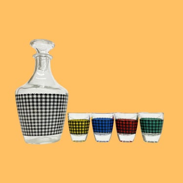Vintage Decanter and Shot Glass Set Retro 1970s Verrerie Cristallerie d'Arques + Mid Century Modern + Houndstooth + Gingham + Plaid + MCM 