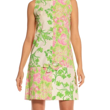 1960S LILLY PULITZER Green  Pink Cotton Patch Worked Floral Shift Dress 