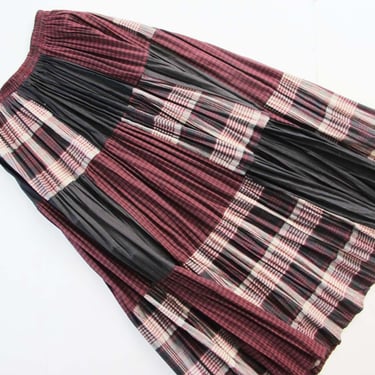Vintage 90s Patchwork Maxi Skirt M - 1990s Grunge Burgundy Black Gray Plaid Tiered Long Cotton Skirt 