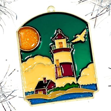 VINTAGE: 1980s - Retro Metal and Resin Light House Ornament - Faux Stain Glass - Light Sun Catchers - Gift - SKU 15-E2-00017354 