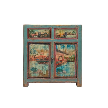 Chinese Distressed Turquoise Blue Old Graphic Credenza Cabinet cs7312E 