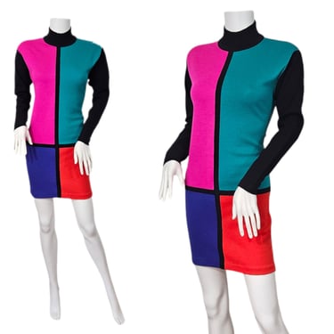 1980's Black Pink Color Block Sweater Dress I Sz  Sm I Kathryn Conover 