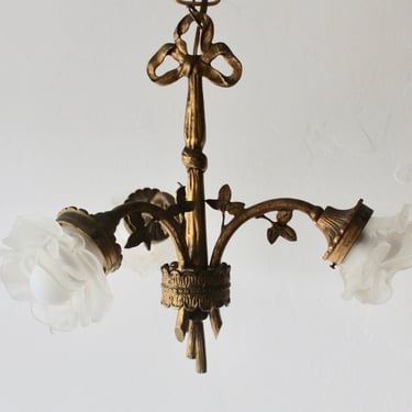 French Style Gilt Bronze Ceiling Light Chandelier with Art Glass Vintage Mid Century 