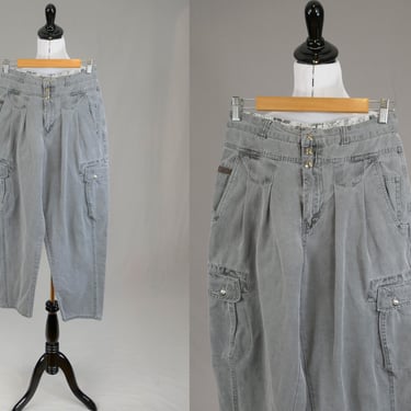 80s Men's Gray Pleated Pants - 27" waist - Teen or Young Men's Fashion Style with Yoke, Pleats, Cargo Pockets - EPD Cotler - 28.75" inseam 