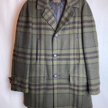 1960’s Pendleton wool plaid coat Men’s dark green gold brown tones~ classic Retro grunge fashion outdoor wear jacket size Lg 
