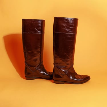 70s Brown Leather Long Riding Boots Vintage Etched Italian Long Boots 