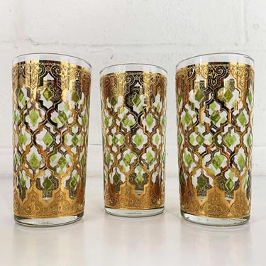 Vintage Culver Valencia Glasses Set of 3 Tall Tumbler Highball 1960s Barware Bar MCM Mad Men Mid Century 60s Glass 22kt Gold Filigree 