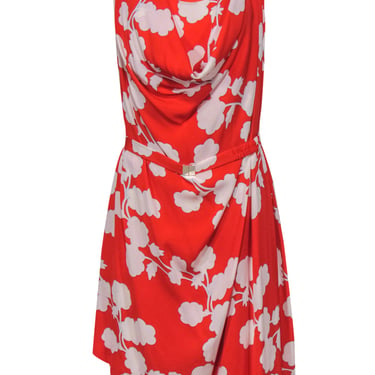 Diane von Furstenberg - Tomato Red & White Floral Print Cowl Neck Dress Sz 4