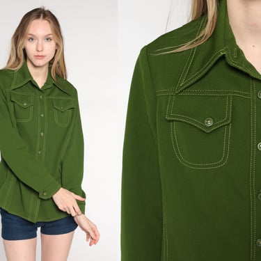 70s Shirt Green Dagger Collar Shirt Button Up Shirt Western Long Sleeve Top Disco Shirt 1970s Collared Plain Medium Large 