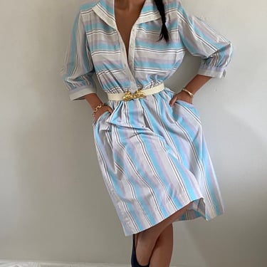 80s shirt dress / vintage baby blue pastel awning striped cotton popover batwing pleated collared shirt dress | Large 