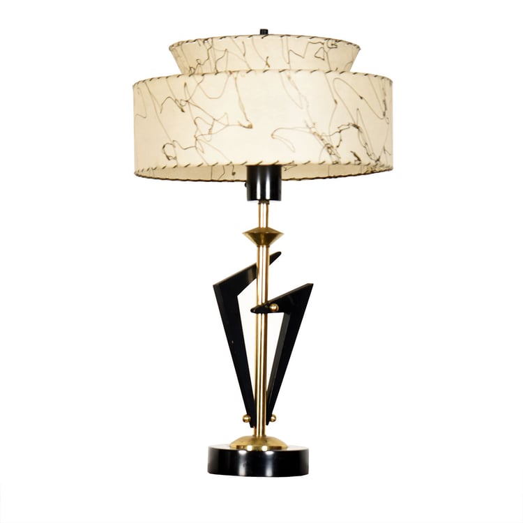 A Lil Bit Deco | A Lil Bit MCM Sculptural Table Lamp in Brass + Ebonized Metal w. Original Shade