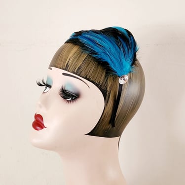 Vintage Flapper Style Fascinator Blue Black Feathers Headband Style 