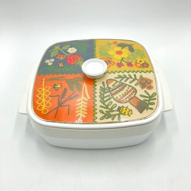 Vintage Thermo Serv Dish with Lid, Features images of 70s Embroidery Cross Stitch, Mushroom, Butterflies, Bees, Flowers 70s Kitchenware 