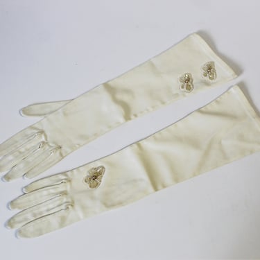 Vintage 50s 60s Fancy Pearl Floral Off White Cream 14 inch Hand Gloves Cocktail Western Germany wedding Rayon Nylon // Size 6 1/2 - 7 