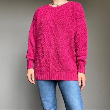 Vintage 90s Women Pink Hand Knit Fisherman Style Chunky Sweater Size Medium 