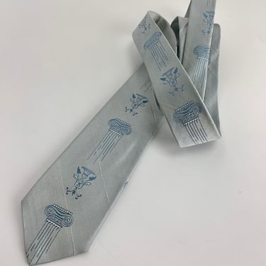 1960's Quality Silk Tie  - Architectural Columns Design -  Powder Blue Silk - Vega De Madrid 
