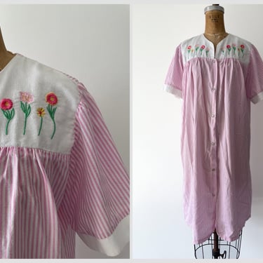 Vintage pink striped housecoat, floral embroidery | Easter, Spring duster, pastel aesthetic, M 