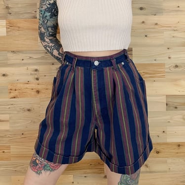 Vintage High Rise Baggy Fit Striped Jean Shorts / Size 29 30 