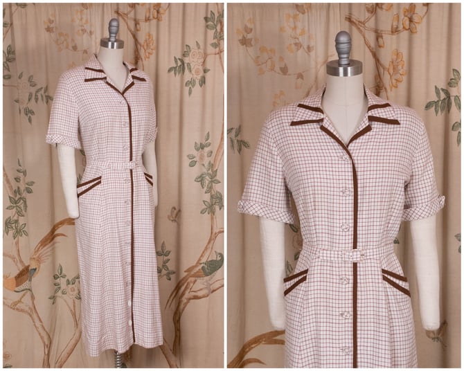 1950s Dress - Smart Vintage 50s Buttonfront Day Dress in Ivory and Brown Windowpane Check with Accent Trim 