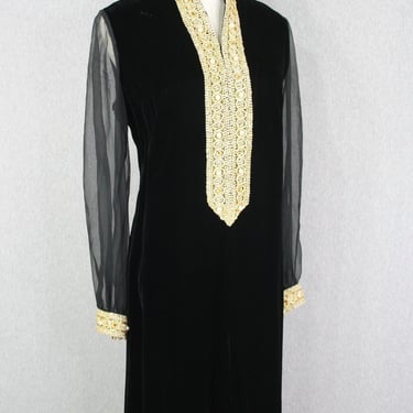 1970s - Mod Cocktail Dress -  Black Velvet - Gold Trim - Marked size 16 