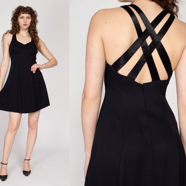 Small 90s Black Strappy Cross Back Mini Dress | Vintage Fit Flare Party Dress 