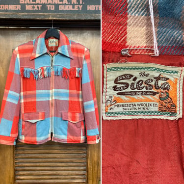 Vintage 1950’s “Siesta” Western Fringe Plaid Wool Cowboy Rockabilly Jacket, 50’s Vintage Clothing 