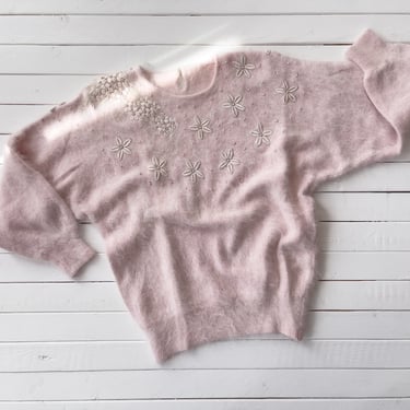 pastel pink sweater | 80s 90s vintage soft fuzzy angora pearl beaded floral embroidered sweater 