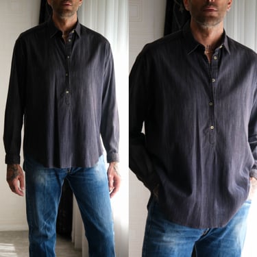 Vintage 80s Giorgio Armani Le Collezioni Indigo Stripe Pullover Chore Styled Shirt | Made in Italy | 100% Cotton | 1980s Designer Mens Shirt 
