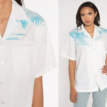 Vintage Hawaiian Shirt 90s White Tropical Button Up Shirt Outrigger Rowboat Canoe Boat Print Top Short Sleeve Retro Aloha 1990s Mens Medium 