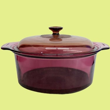 Vintage Visions Dutch Oven Retro 1970s Corning + Cranberry Color + Glass + 5 Liter Size + Teflon Bottom + Purple Cookware + Kitchen Decor 