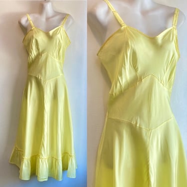 Vintage 40s 50s TAFFETA Slip Dress / Full RUFFLED Skirt / LEMON Yellow 
