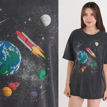 90s Outer Space T-Shirt Galaxy Shirt SPACESHIP Star Galactic Tee Solar System Astronaut T Shirt Planet 1990s Graphic Vintage Large L 